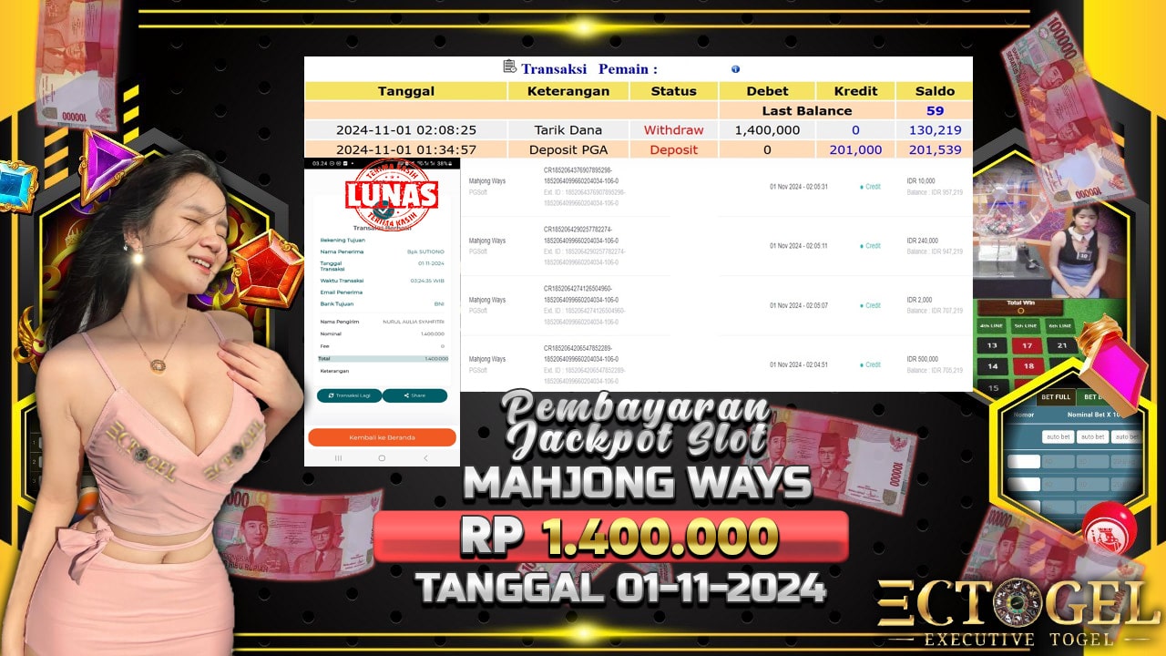 BUKTI JACKPOT SLOT MAHJONG WAYS TERPERCAYA DI INDONESIA TGL 01-11-2024